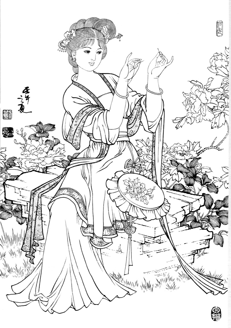 D001017《工笔白描仕女图-绣春图》刘公华高清白描作品 白描-第1张