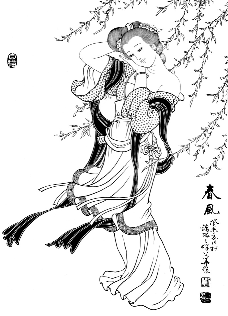 D001050《工笔白描仕女图-春风》刘公华高清白描作品 白描-第1张