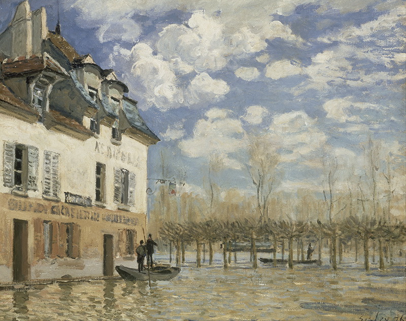 A006010《洪水泛滥中的小舟》法国画家阿尔弗莱德·西斯莱高清作品 油画-第1张