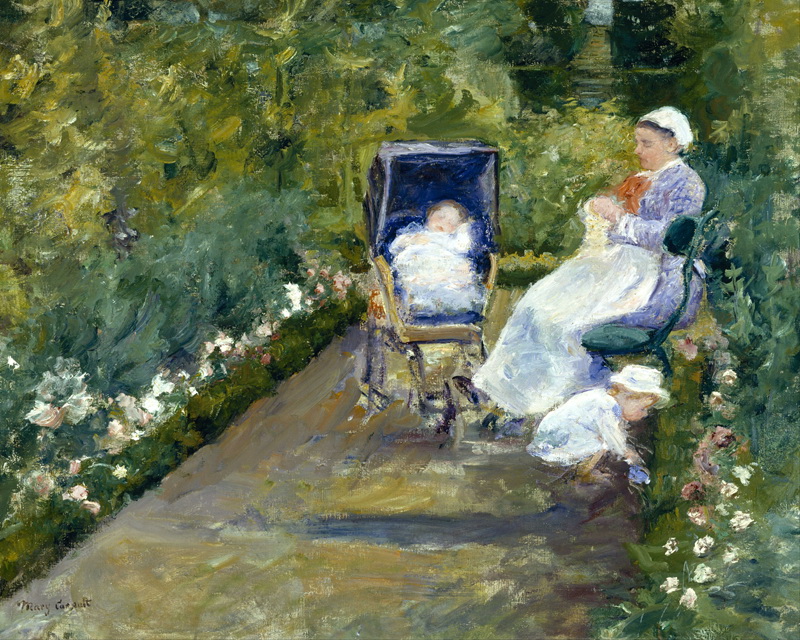 A008002《在花园里的孩子》美国画家玛丽·卡萨特高清作品 油画-第1张