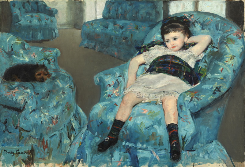 A008077《蓝色沙发上的小女孩》美国画家玛丽·卡萨特高清作品 油画-第1张