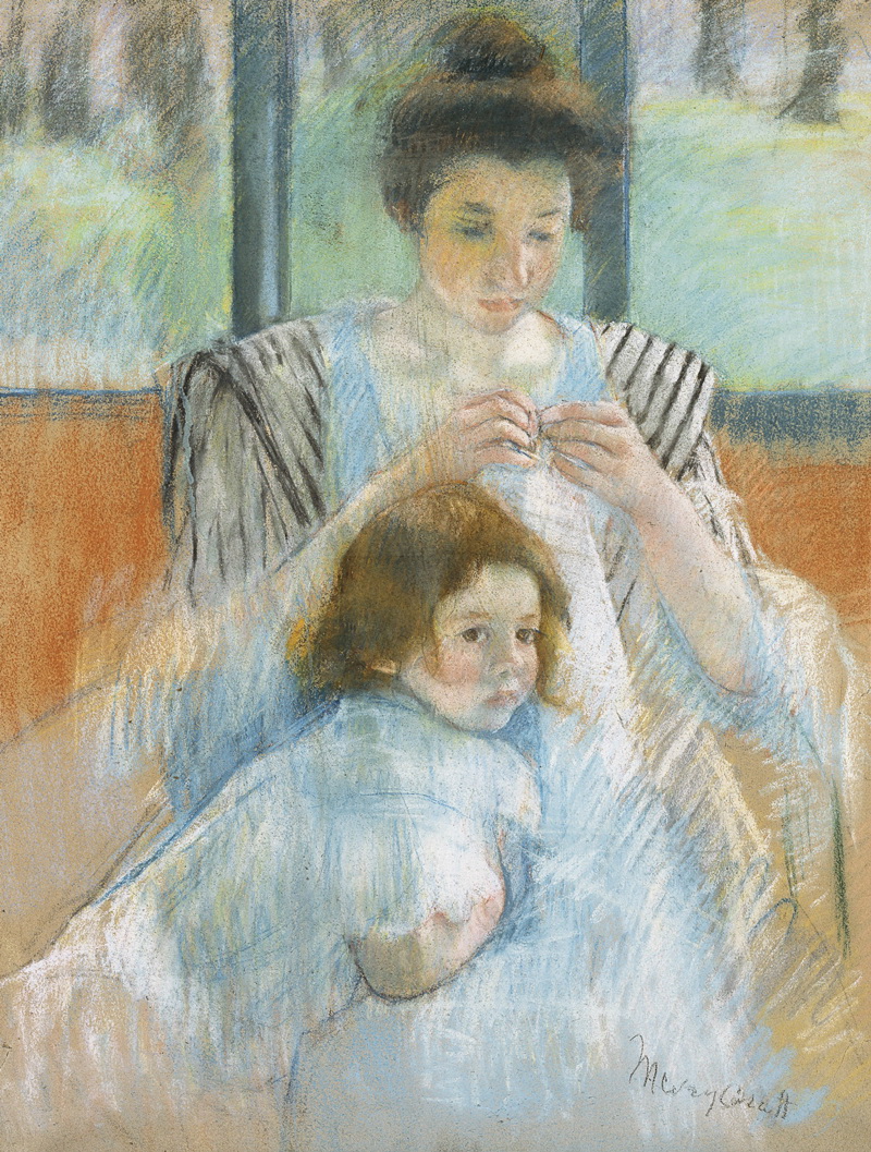 A008086《Young Mother Sewing》美国画家玛丽·卡萨特高清作品 油画-第1张