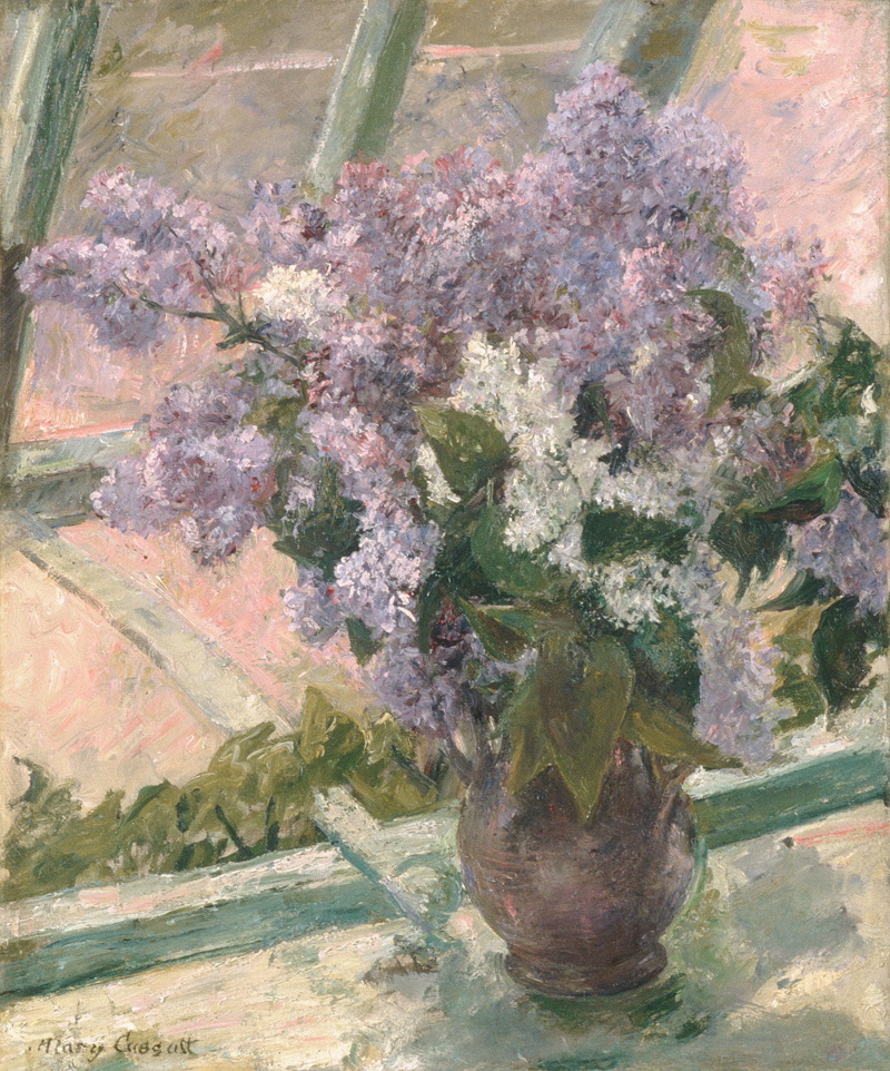 A008090《窗台上的紫丁香》美国画家玛丽·卡萨特高清作品 油画-第1张