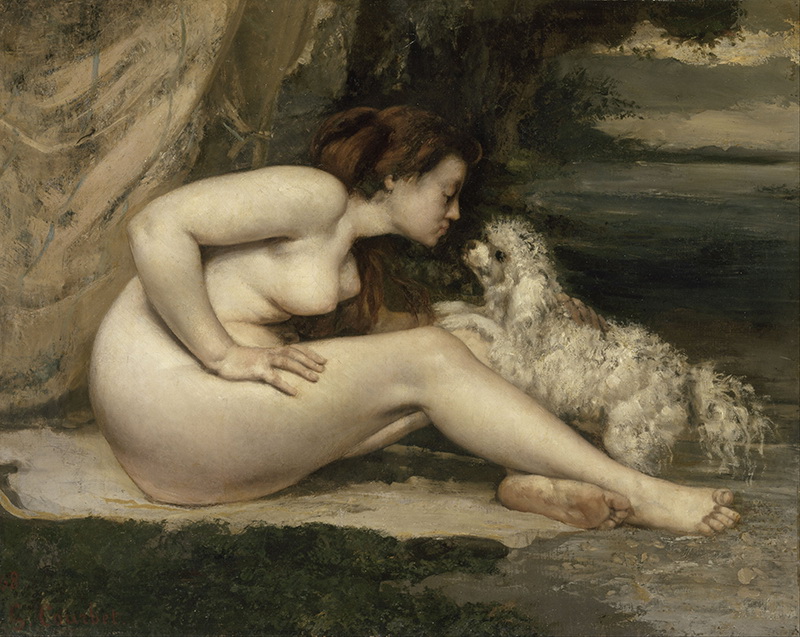 A009008《裸女和狗》法国画家古斯塔夫·库尔贝高清作品 油画-第1张