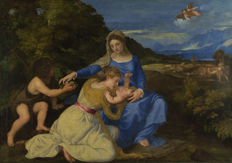 A013005《圣母子与小施洗者圣约翰及圣凯瑟琳》意大利画家提香·韦切利奥高清作品 意大利-第1张