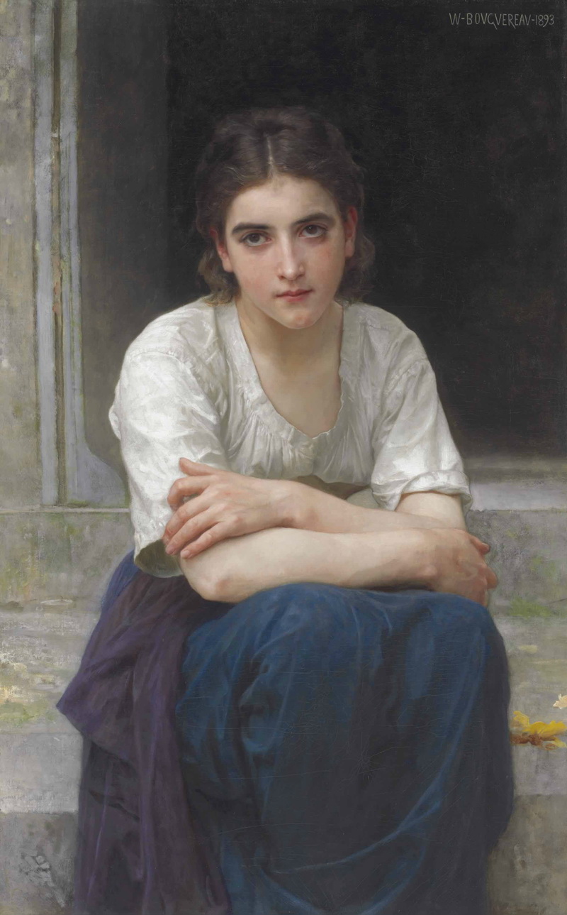 A014001《坐在台阶上的女孩》法国画家威廉·布格罗高清作品 油画-第1张
