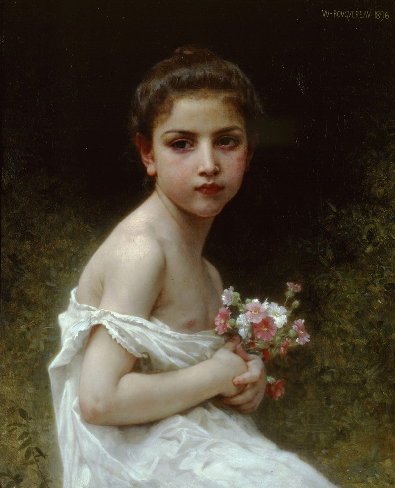 A014039《拿着花朵的小女孩》法国画家威廉·布格罗高清作品 油画-第1张