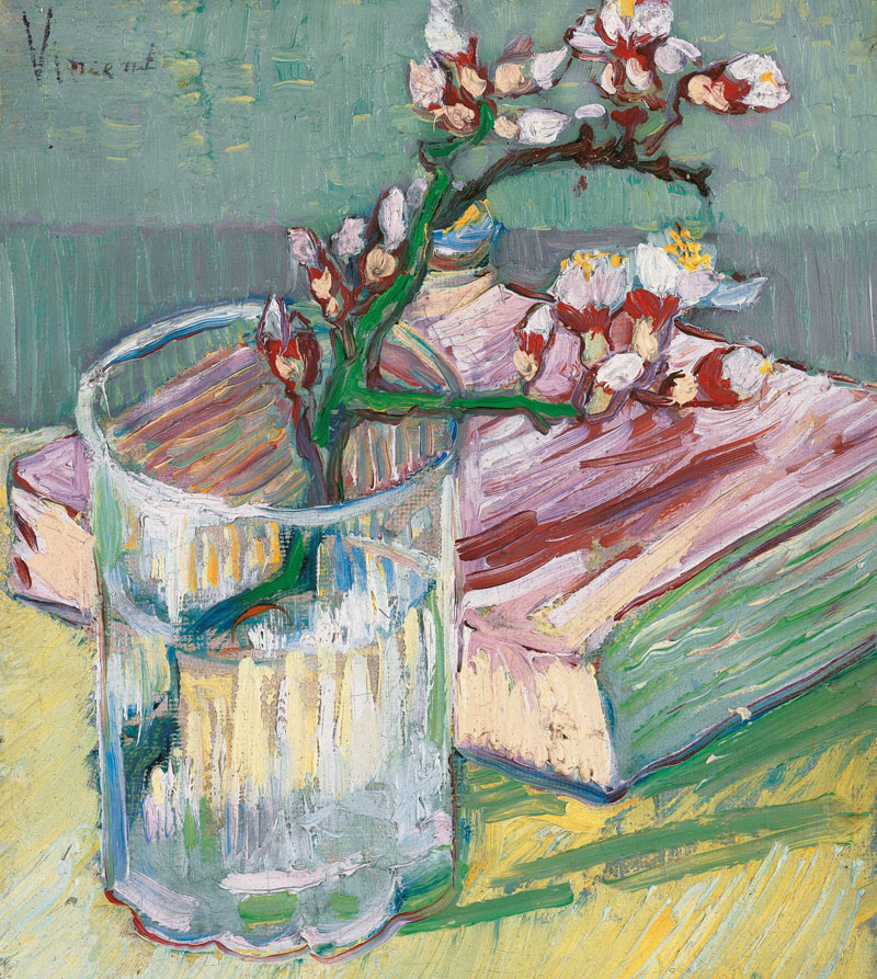 A001180《玻璃杯中盛开的杏花和一本书》荷兰画家文森特·梵高高清作品 油画-第1张