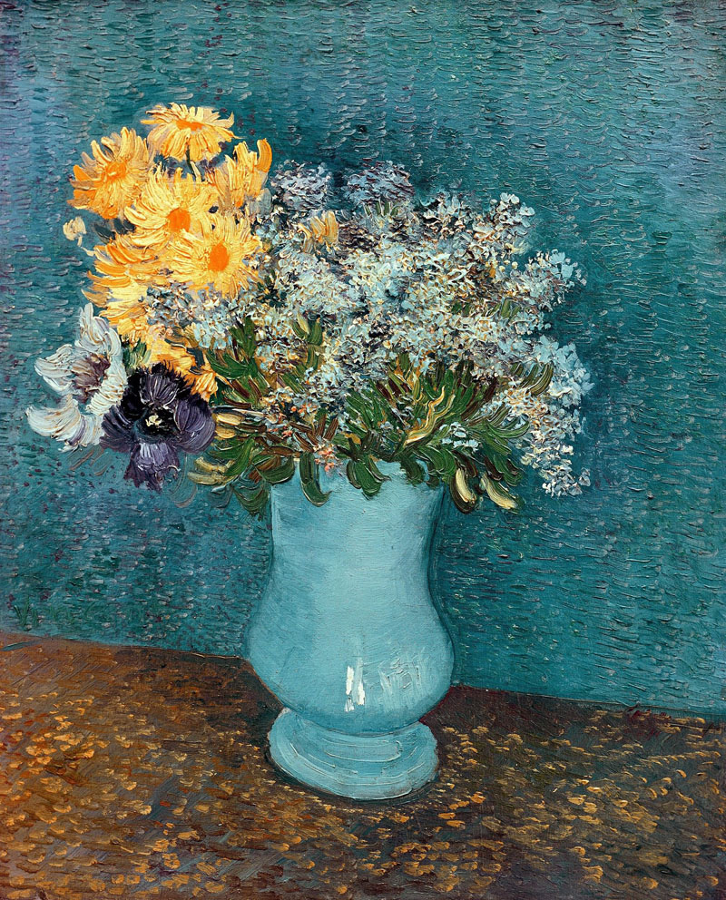 A001182《插满丁香牵牛海葵的蓝花瓶》荷兰画家文森特·梵高高清作品 油画-第1张