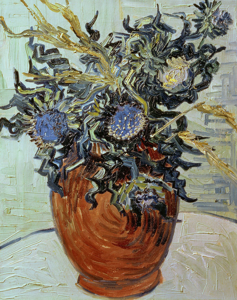 A001183《插着花和蓟的花瓶》荷兰画家文森特·梵高高清作品 油画-第1张