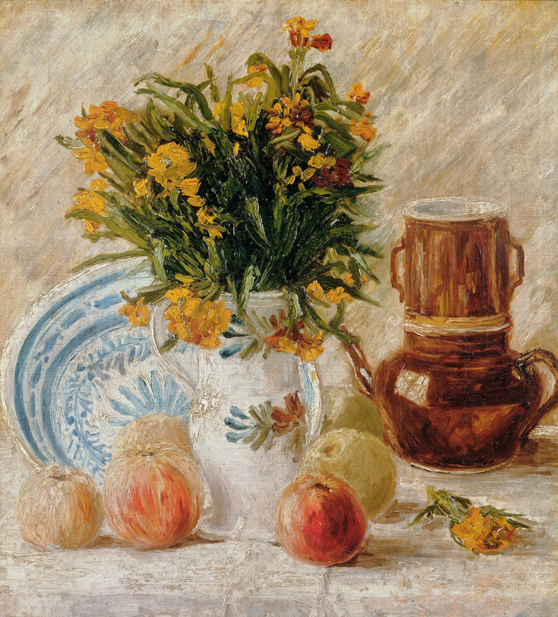 A001197《花瓶里的花、咖啡壶和水果》荷兰画家文森特·梵高高清作品 油画-第1张