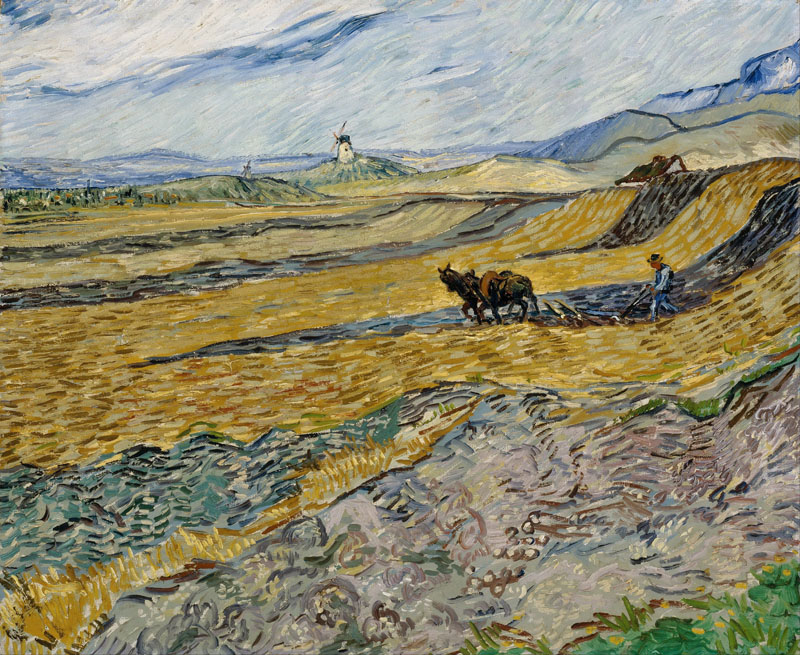 A001488《田野、农夫和磨坊》荷兰画家文森特·梵高高清作品 油画-第1张