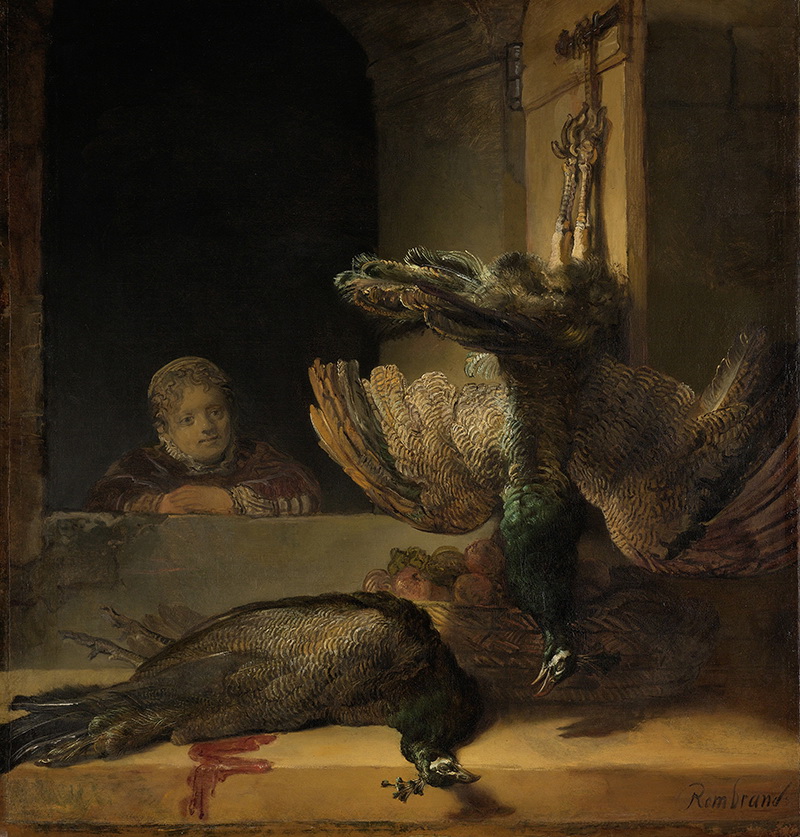 A005003《两个孔雀和一个女孩》荷兰画家伦勃朗高清作品 油画-第1张