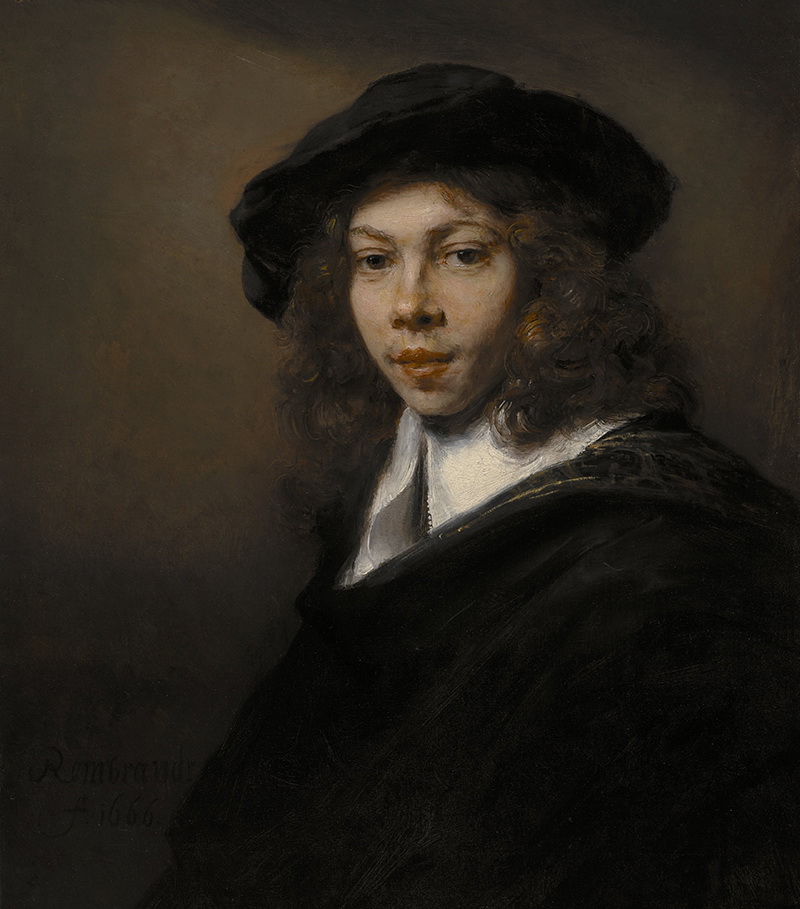 A005007《一个头戴黑色贝雷帽的年轻人》荷兰画家伦勃朗高清作品 油画-第1张