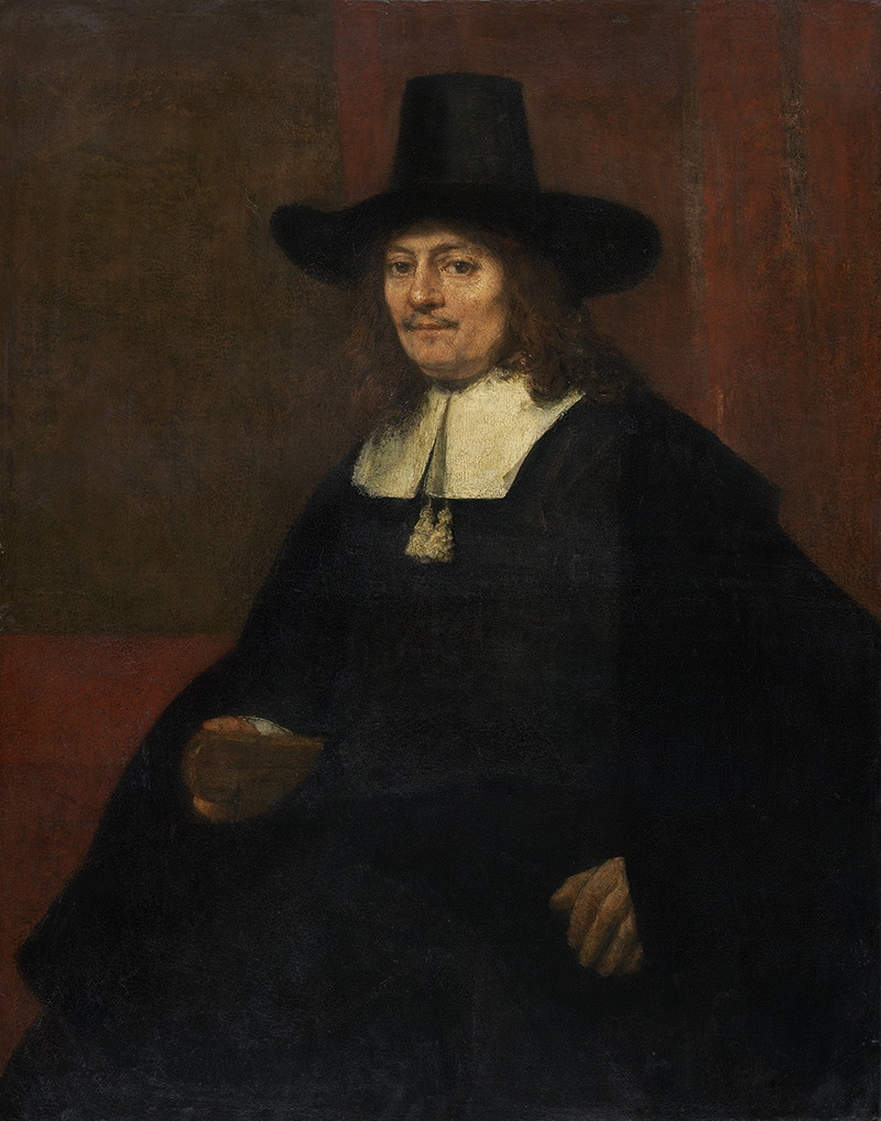 A005044《一个头戴黑色高帽的男子画像》荷兰画家伦勃朗高清作品 油画-第1张