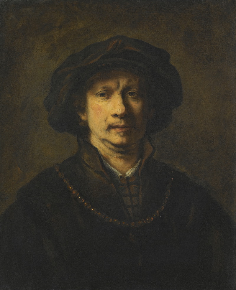 A005051《头戴黑帽和脖挂珠串的男子》荷兰画家伦勃朗高清作品 油画-第1张