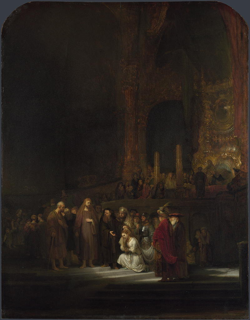 A005167《基督与被抓住通奸的女子》荷兰画家伦勃朗高清作品 油画-第1张