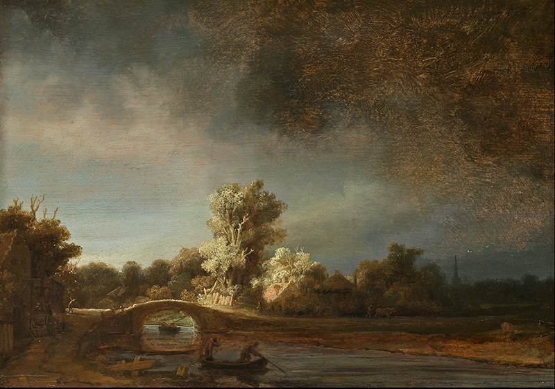 A005184《有石桥的风景》荷兰画家伦勃朗高清作品 油画-第1张