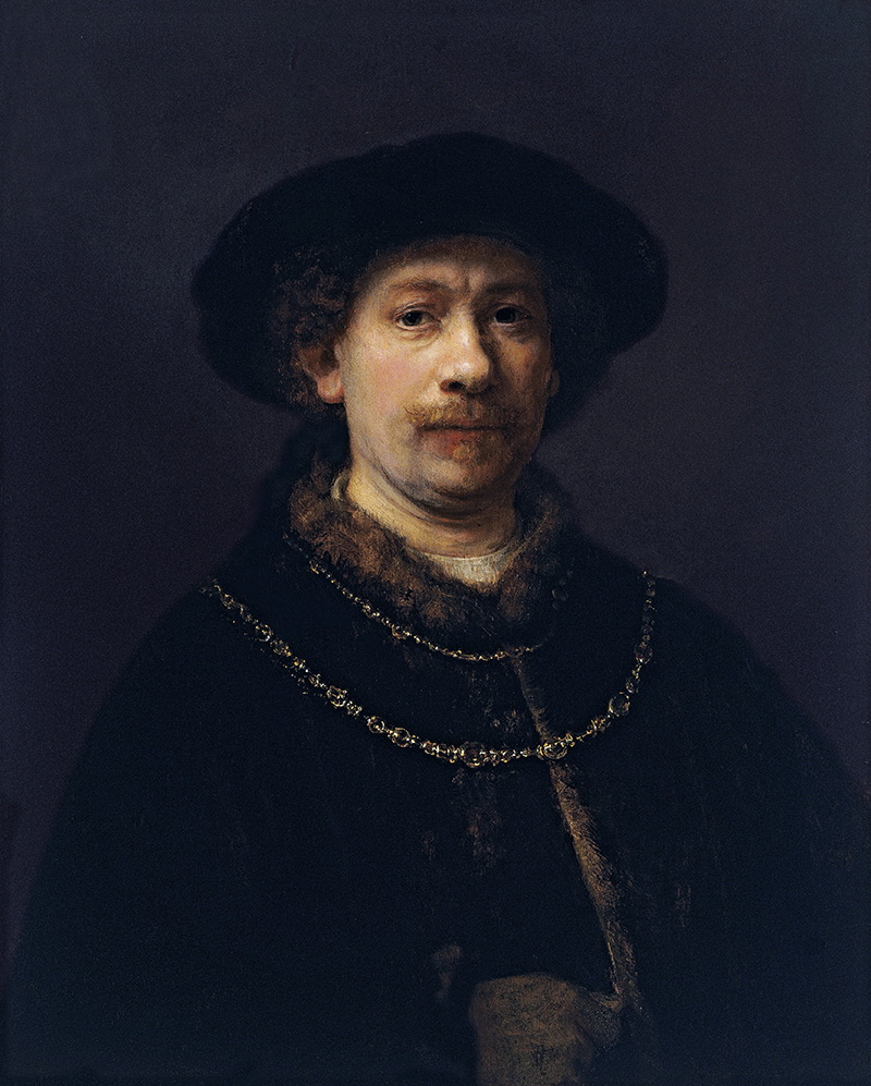 A005205《头戴黑帽和脖挂双链的男子》荷兰画家伦勃朗高清作品 油画-第1张