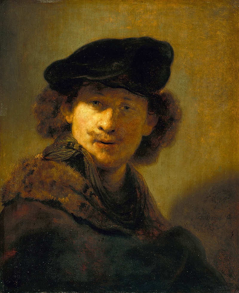 A005206《戴丝绒贝雷帽的自画像》荷兰画家伦勃朗高清作品 油画-第1张