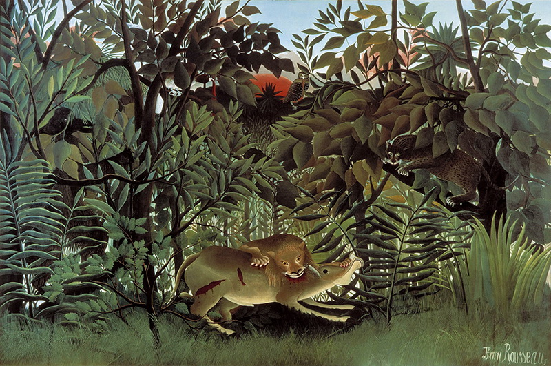 A020023《吃猎物的狮子》法国画家亨利·卢梭高清作品 油画-第1张