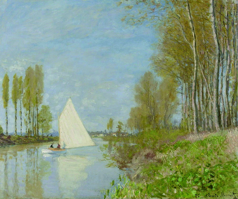 A002323《小船行驶在塞纳河上》法国画家克劳德·莫奈高清作品 油画-第1张