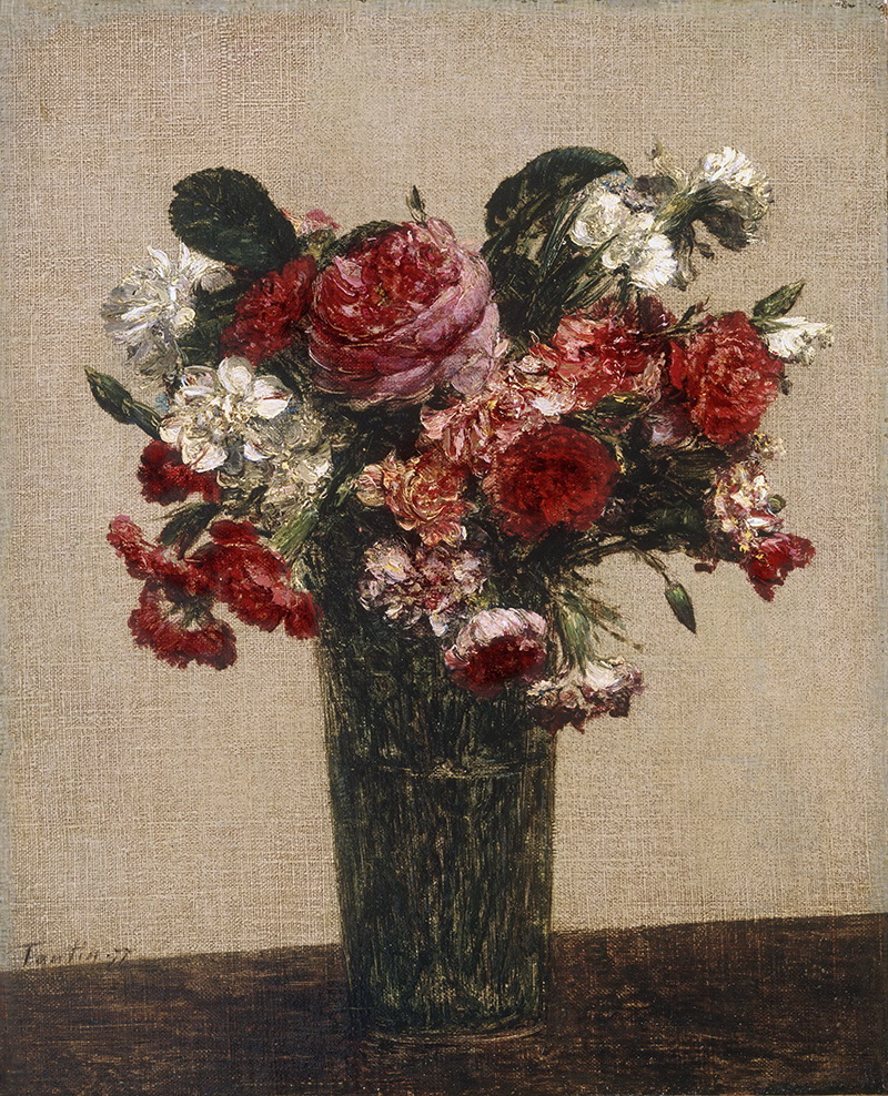 A010024《玻璃瓶中的玫瑰和翠菊》法国画家方丹·拉图尔高清作品 油画-第1张