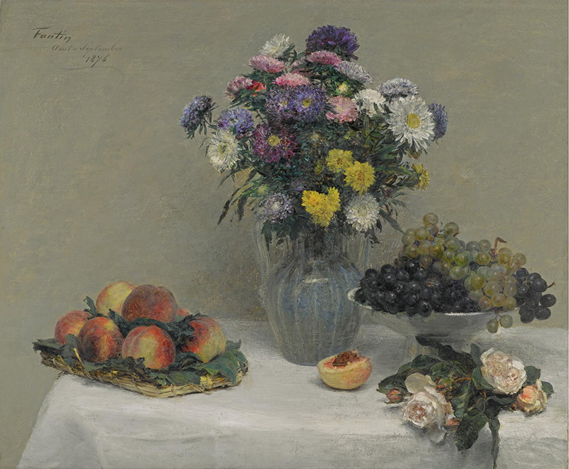 A010089《白玫瑰、菊花、桃子和葡萄放在桌子上》法国画家方丹·拉图尔高清作品 油画-第1张