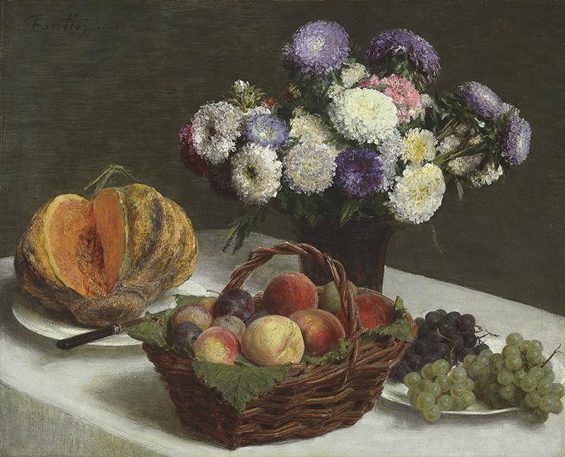 A010092《Flowers and Fruit, a Melon》法国画家方丹·拉图尔高清作品 油画-第1张