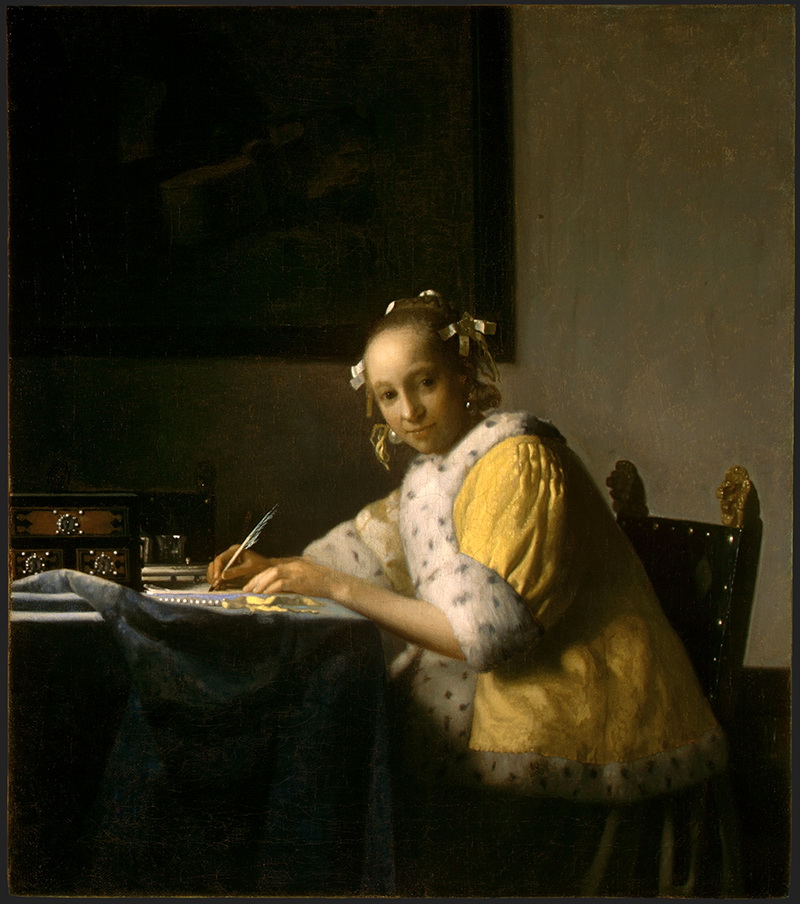 A018017《一位女士在写作》荷兰画家约翰内斯·维米尔高清作品 油画-第1张