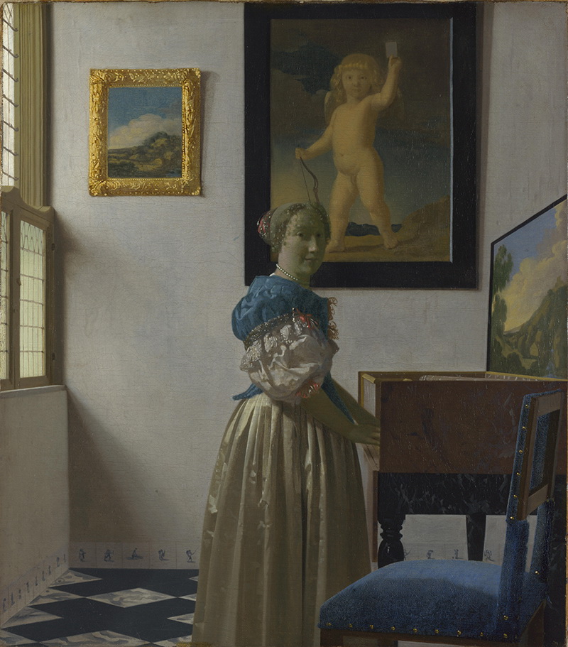 A018020《站在处女面前的女士》荷兰画家约翰内斯·维米尔高清作品 油画-第1张