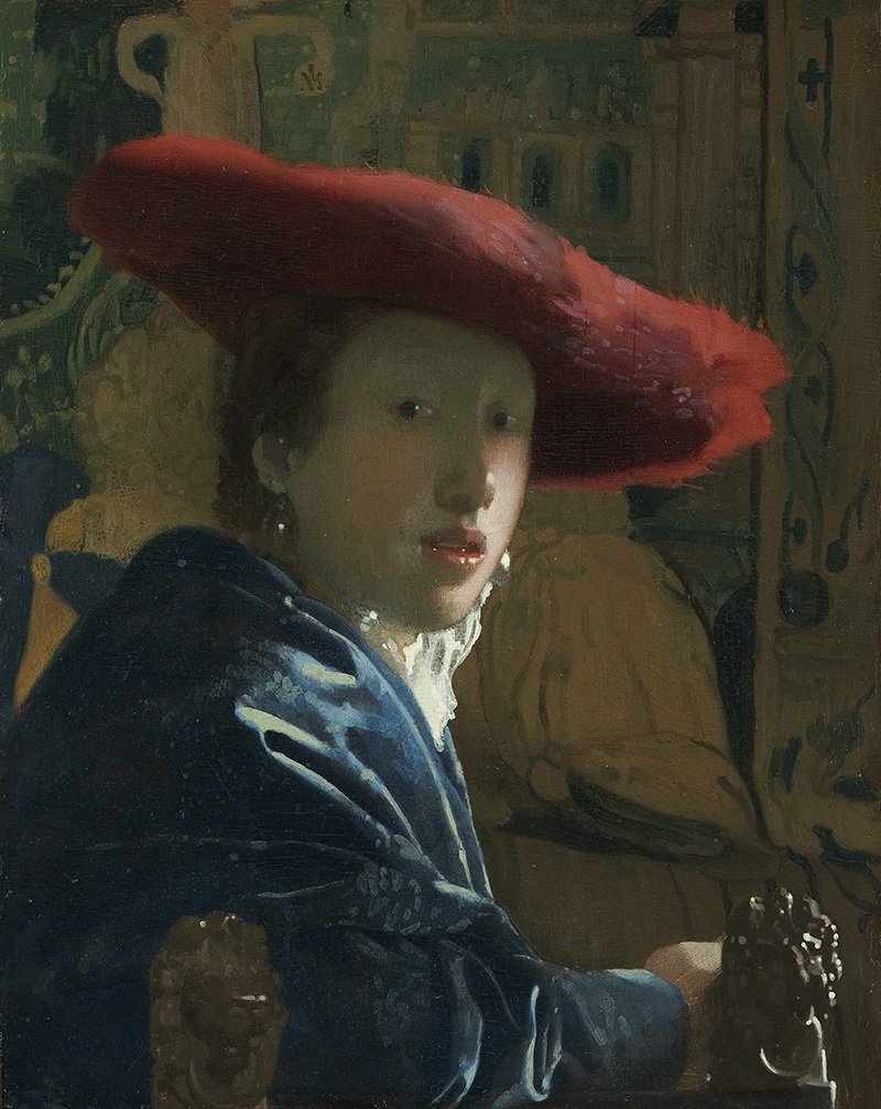 A018026《 戴红帽的女孩》荷兰画家约翰内斯·维米尔高清作品 油画-第1张