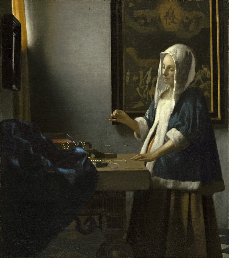 A018036《称天平的女子》荷兰画家约翰内斯·维米尔高清作品 油画-第1张