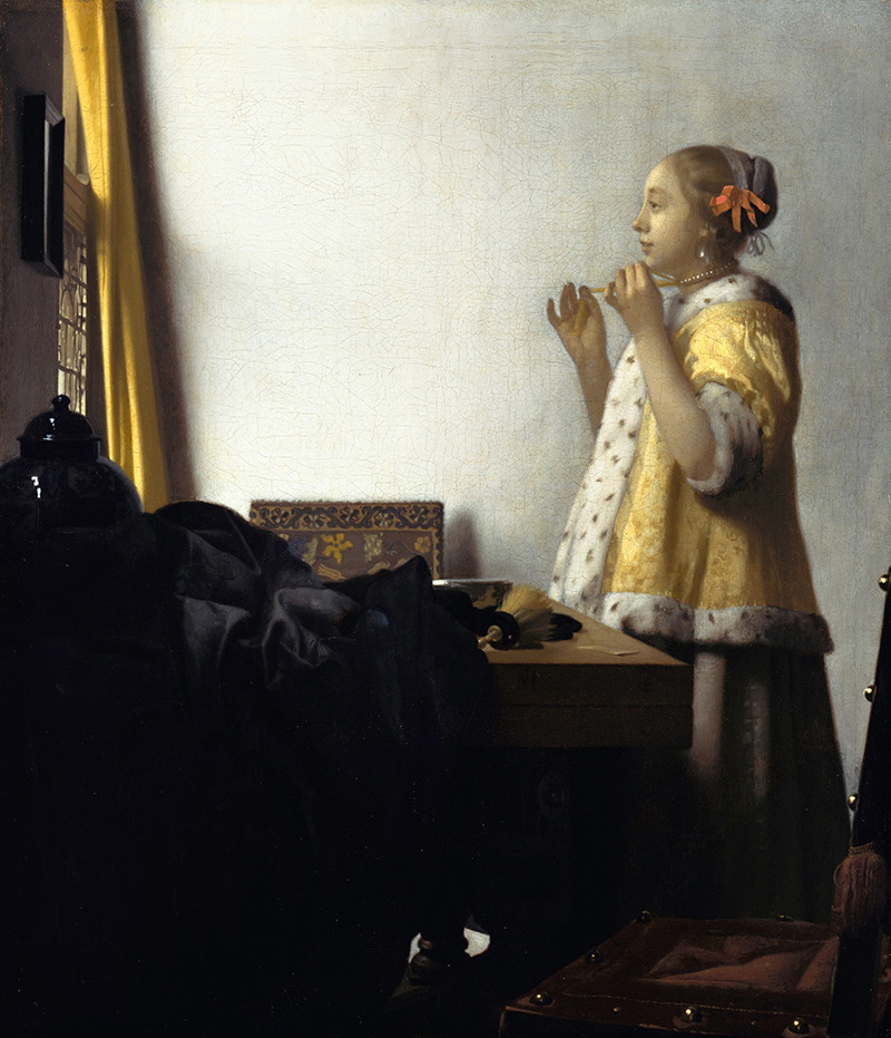 A018039《 戴珍珠项链的年轻女士》荷兰画家约翰内斯·维米尔高清作品 油画-第1张