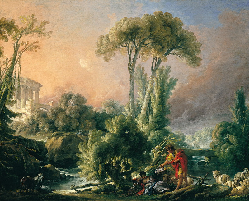 A022006《河流与寺庙》法国画家弗朗索瓦·布歇高清作品 油画-第1张