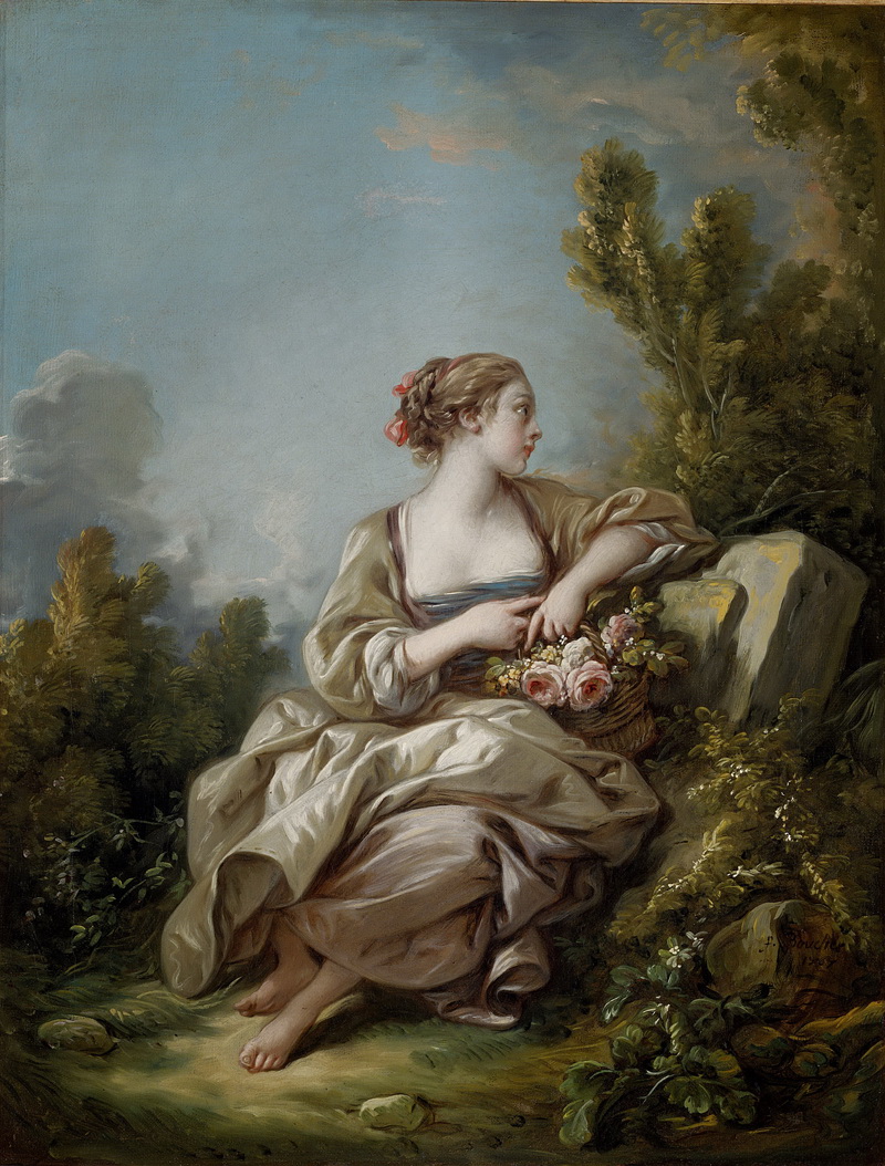A022079《拿花篮的女人》法国画家弗朗索瓦·布歇高清作品 油画-第1张