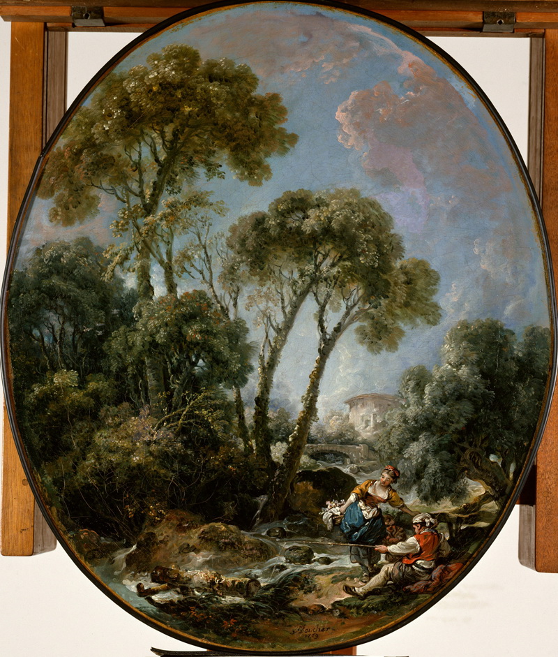 A022090《林中钓鱼的人》法国画家弗朗索瓦·布歇高清作品 油画-第1张