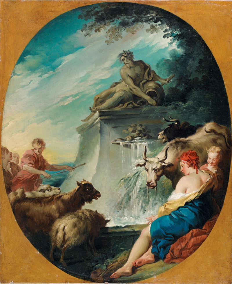 A022093《水池边的羊和女人》法国画家弗朗索瓦·布歇高清作品 油画-第1张