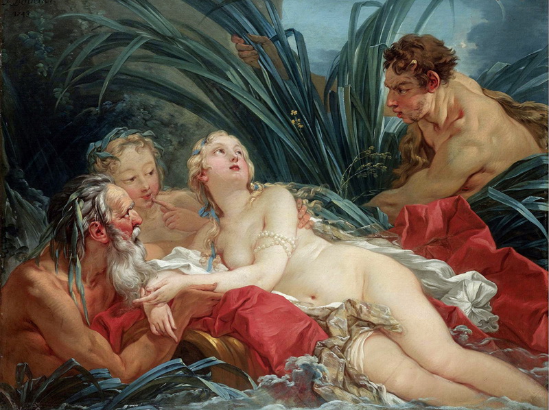 A022117《水边树林里的女人和男人》法国画家弗朗索瓦·布歇高清作品 油画-第1张
