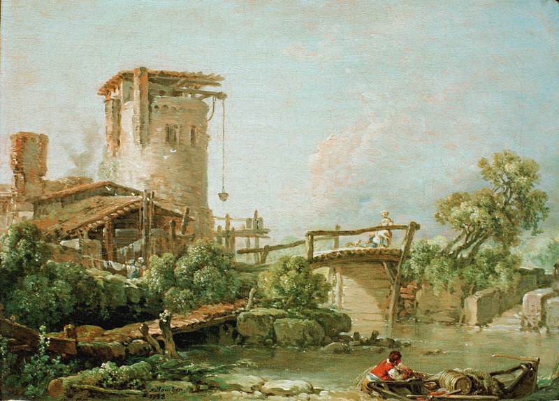 A022137《水磨坊风景》法国画家弗朗索瓦·布歇高清作品 油画-第1张