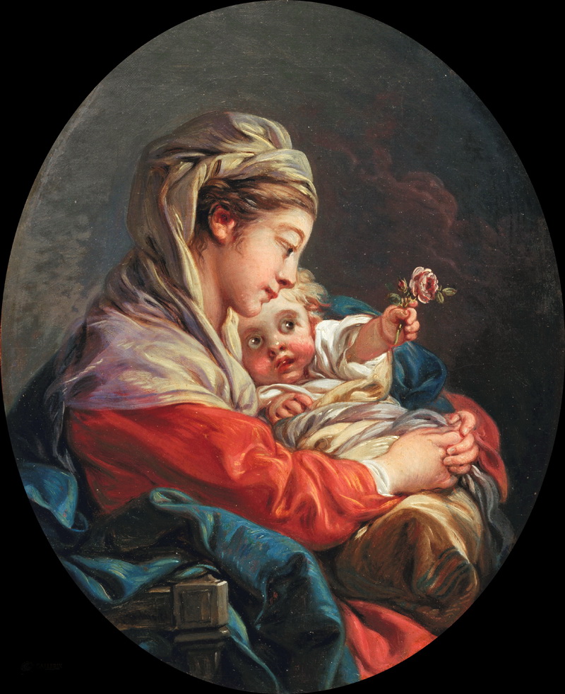 A022157《抱着孩子的妈妈》法国画家弗朗索瓦·布歇高清作品 油画-第1张