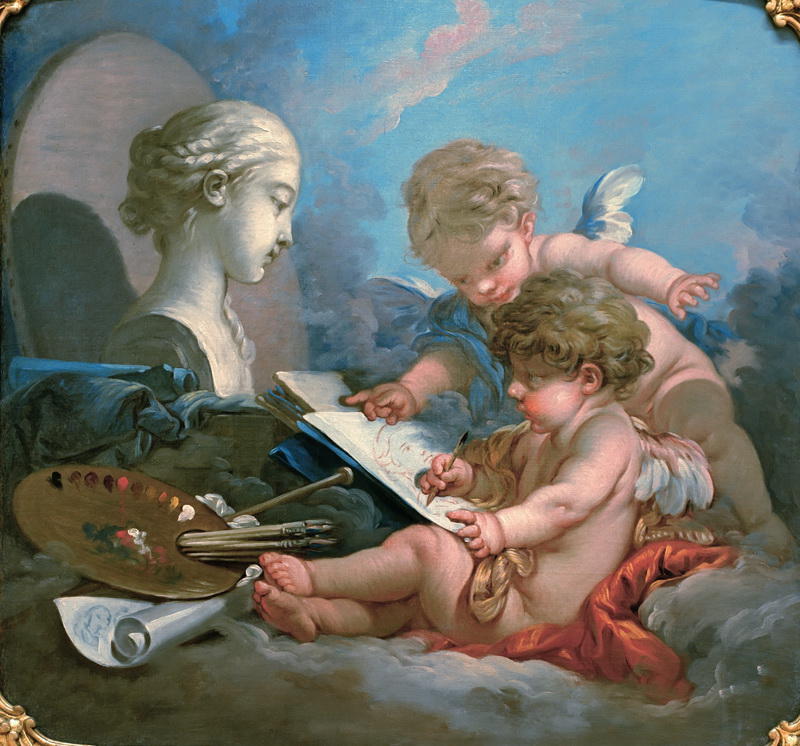 A022172《正在画画的天使》法国画家弗朗索瓦·布歇高清作品 油画-第1张