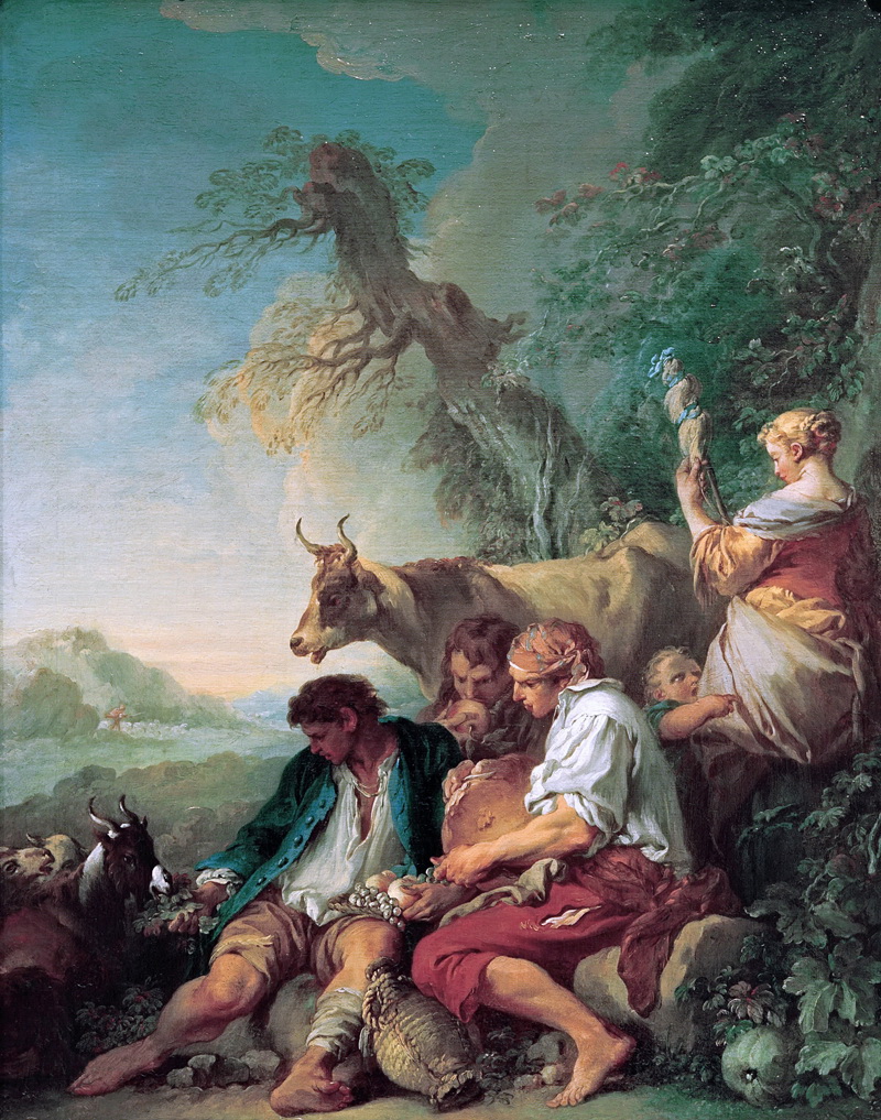 A022185《树下休息的人和动物》法国画家弗朗索瓦·布歇高清作品 油画-第1张