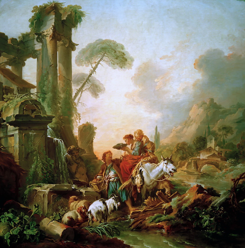 A022192《喝水的牧羊人》法国画家弗朗索瓦·布歇高清作品 油画-第1张