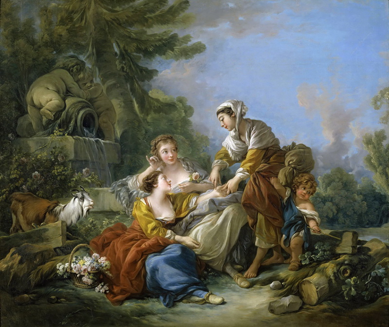 A022202《水池边的妇女和孩子》法国画家弗朗索瓦·布歇高清作品 油画-第1张