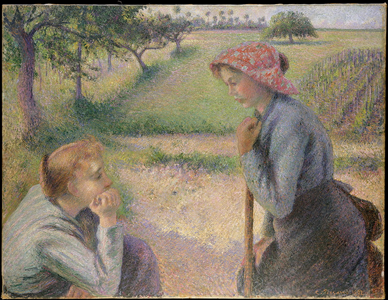 A023030《两个农妇聊天》法国画家卡米耶·毕沙罗高清作品 油画-第1张