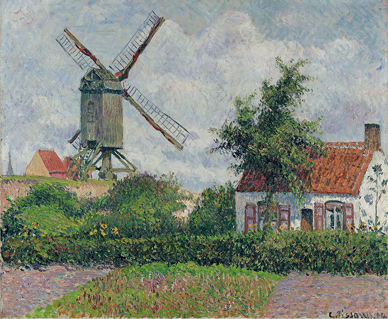 A023058《有风车的农舍小院 》法国画家卡米耶·毕沙罗高清作品 油画-第1张