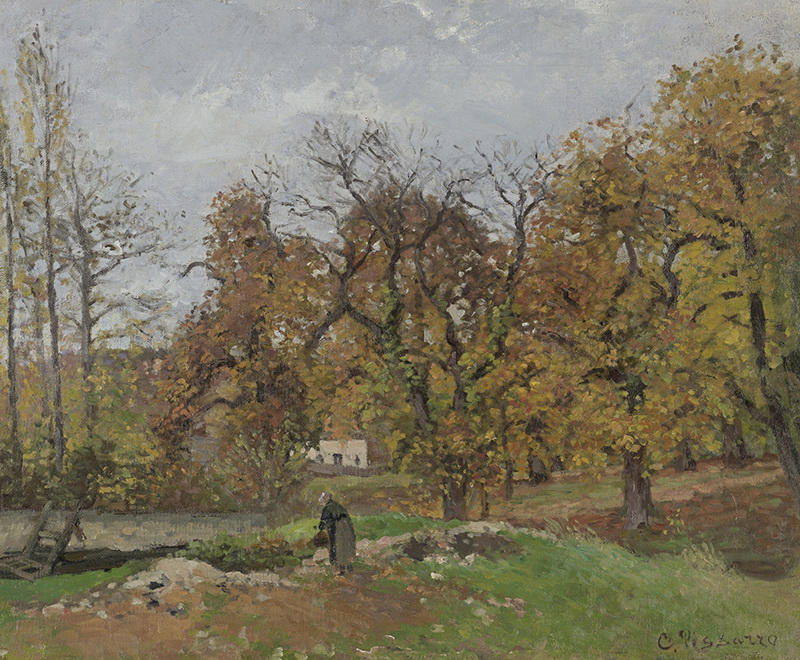 A023075《 秋天的风景，靠近浮桥》法国画家卡米耶·毕沙罗高清作品 油画-第1张