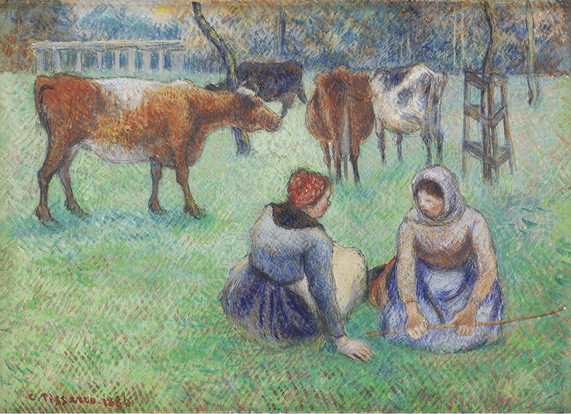 A023093《农民坐着看牛》法国画家卡米耶·毕沙罗高清作品 油画-第1张