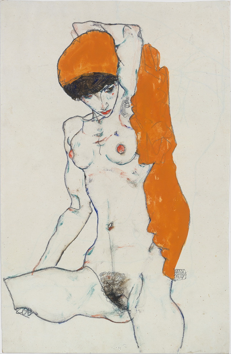 A024080《戴桔色头巾的裸女》奥地利画家埃贡·席勒高清作品 奥地利-第1张